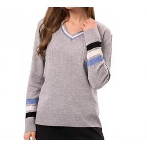 NEW FRENCH KYSS color block sleeve v-neck top in slate/multi